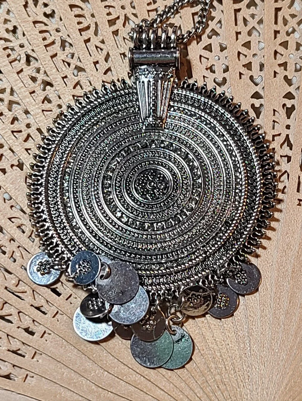 Vintage Silver Round Disc Pendant Necklace with Dangling Coins